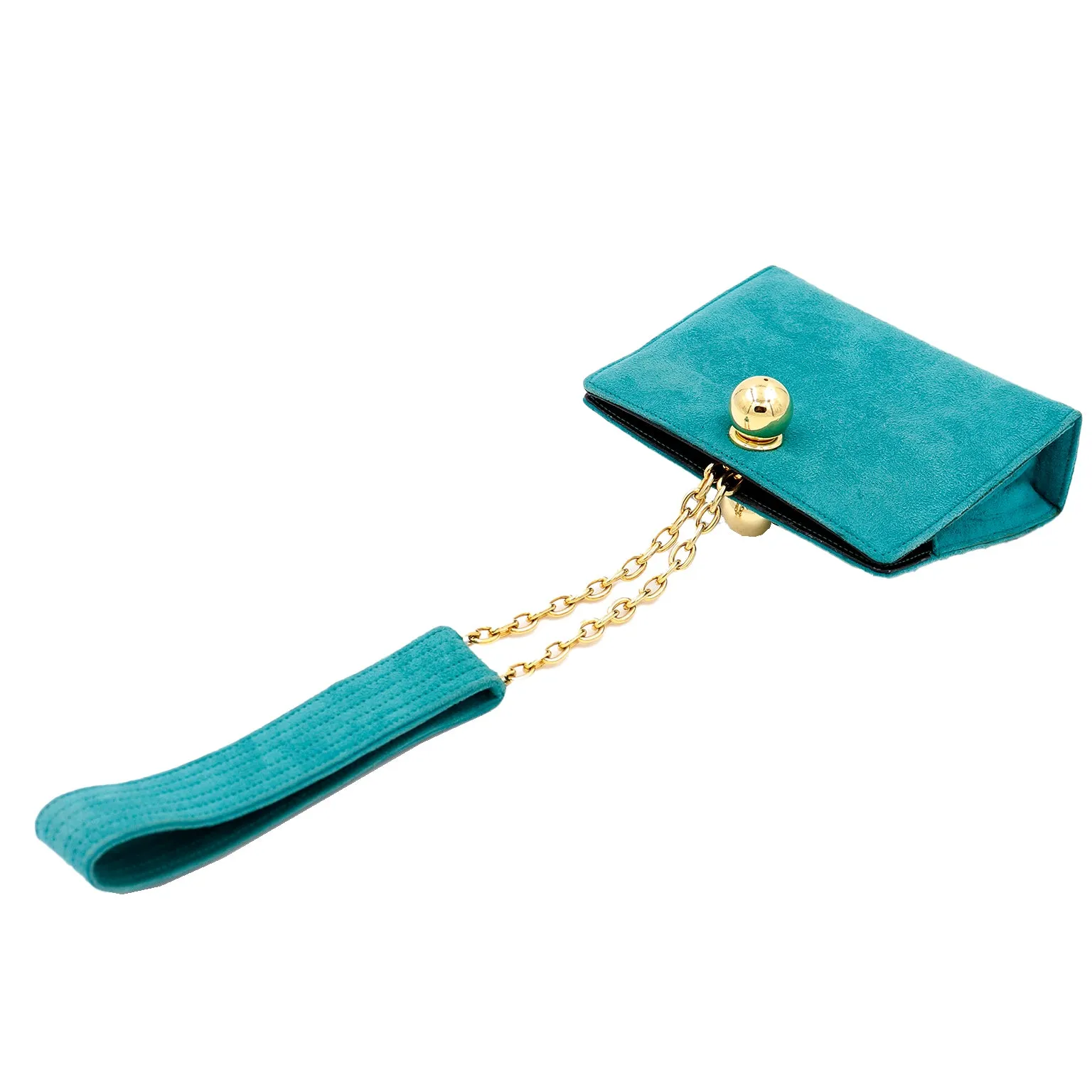 1980s Jean Claude Jitrois Green Suede Wristlet Bag W Gold Chains