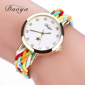 2017 New Fashion Women Gold Braided Leather Wrist Watch For Women Ladies Dress Star Crystal Luxury Crystal Quartz Watch Clock