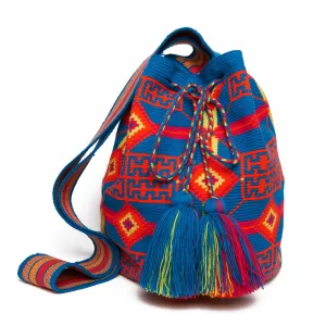 Blue and Neon Diamond Cotton Cartagena Mochila Tassel Bag