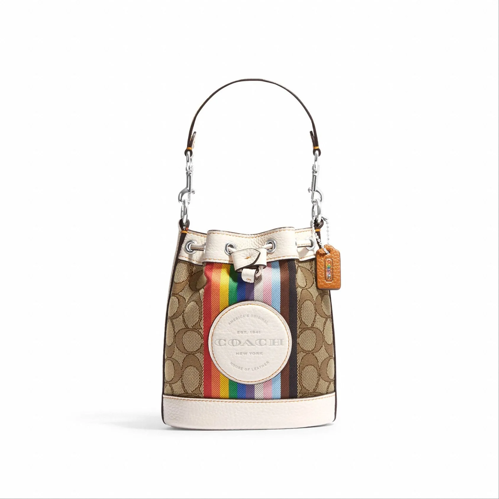 Coach Mini Dempsey Bucket Bag In Signature Jacquard With Rainbow Stripe And Coach Patch