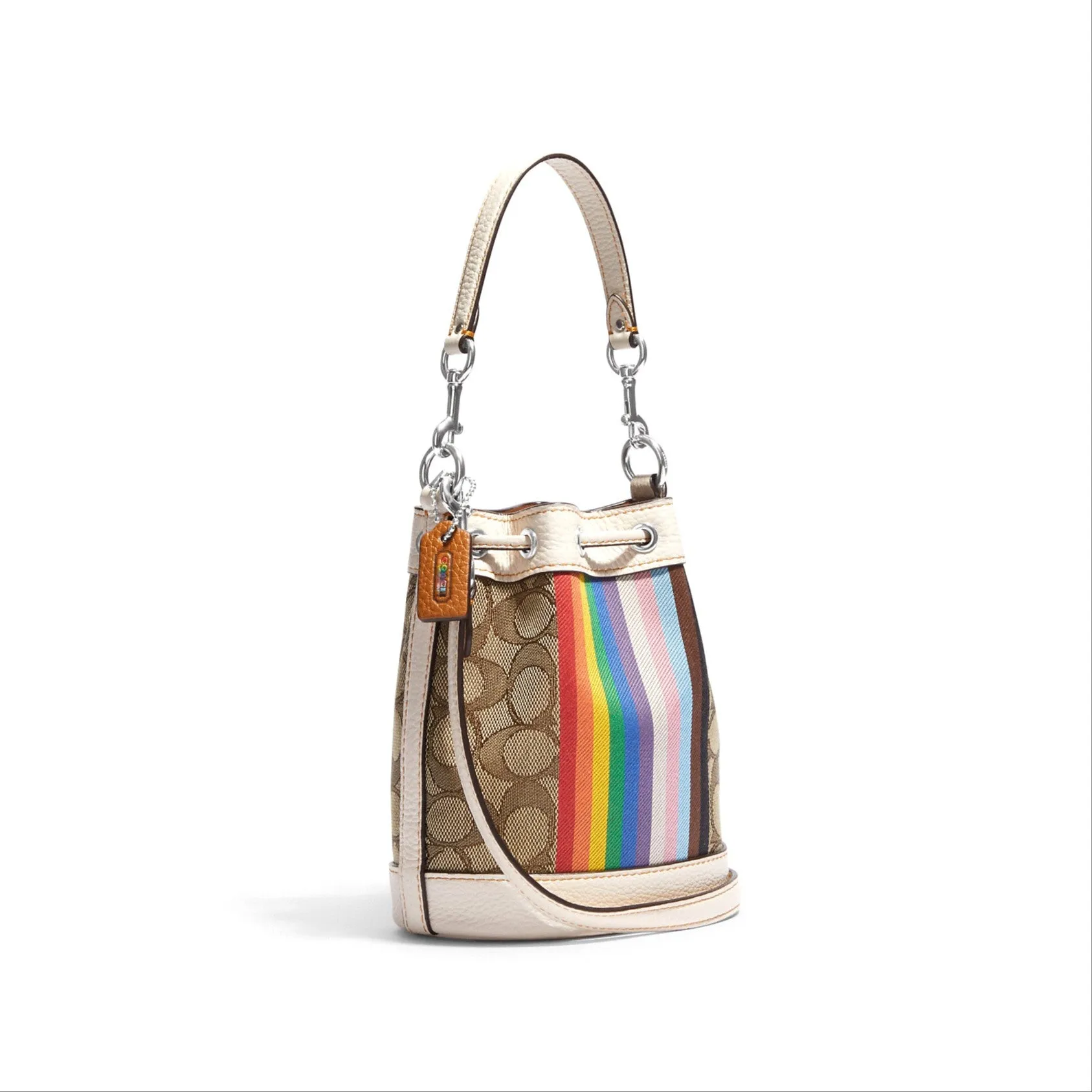 Coach Mini Dempsey Bucket Bag In Signature Jacquard With Rainbow Stripe And Coach Patch