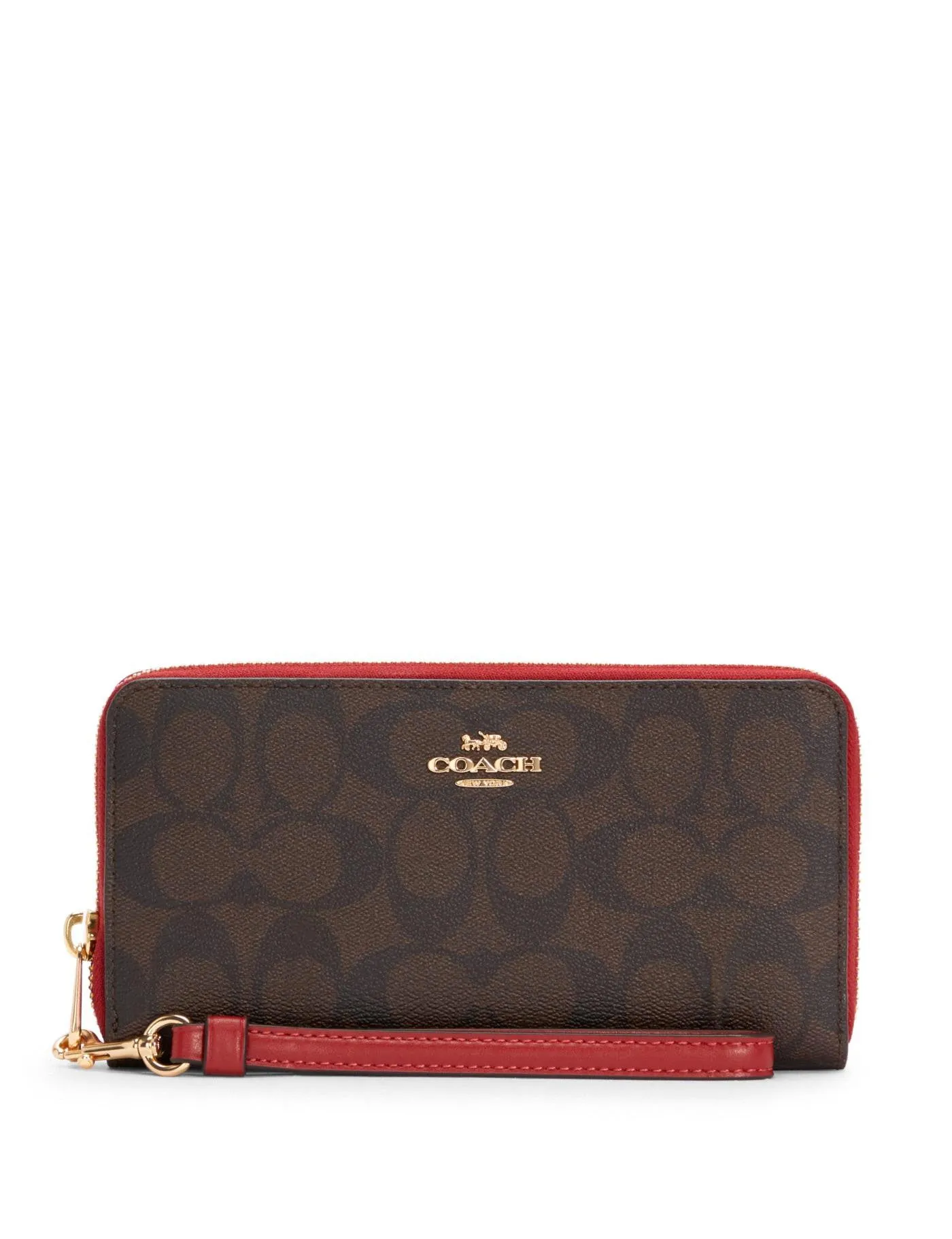 Coach Women's Brown & Red Long Zip Around Wallet In Signature Canvas