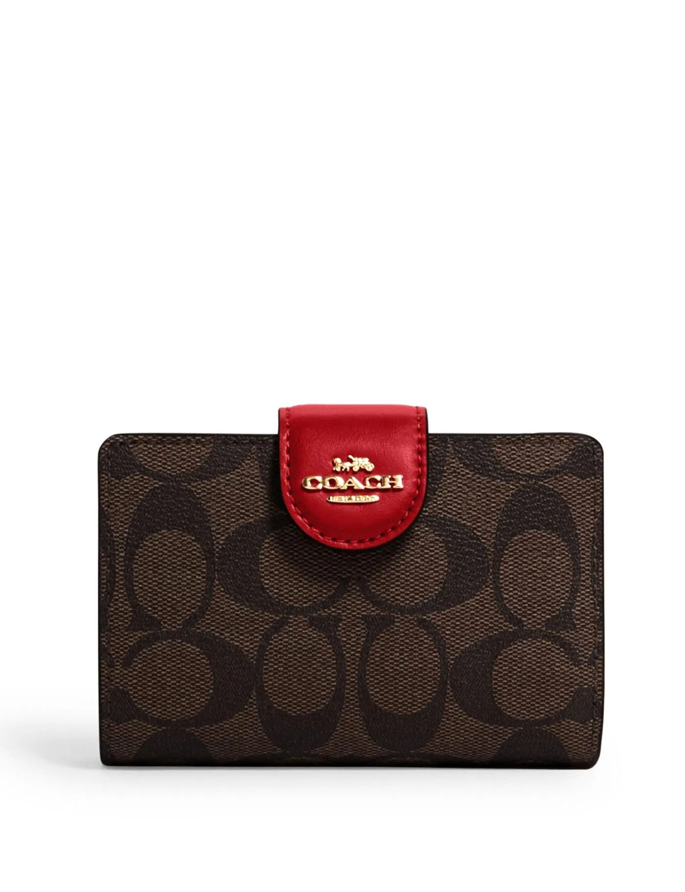 Coach Women's Brown & Red Medium Corner Zip Wallet In Signature Canvas