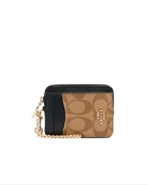 Coach Women's Khaki & Brown Multi Zip Card Case In Blocked Signature Canvas