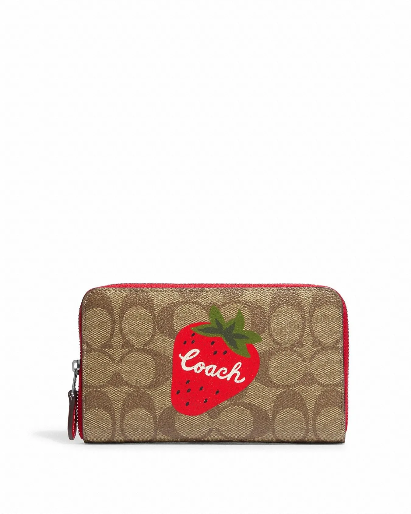 Coach Women's Khaki & Electric Red Medium Id Zip Wallet In Signature Canvas With Wild Strawberry