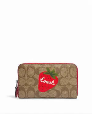 Coach Women's Khaki & Electric Red Medium Id Zip Wallet In Signature Canvas With Wild Strawberry