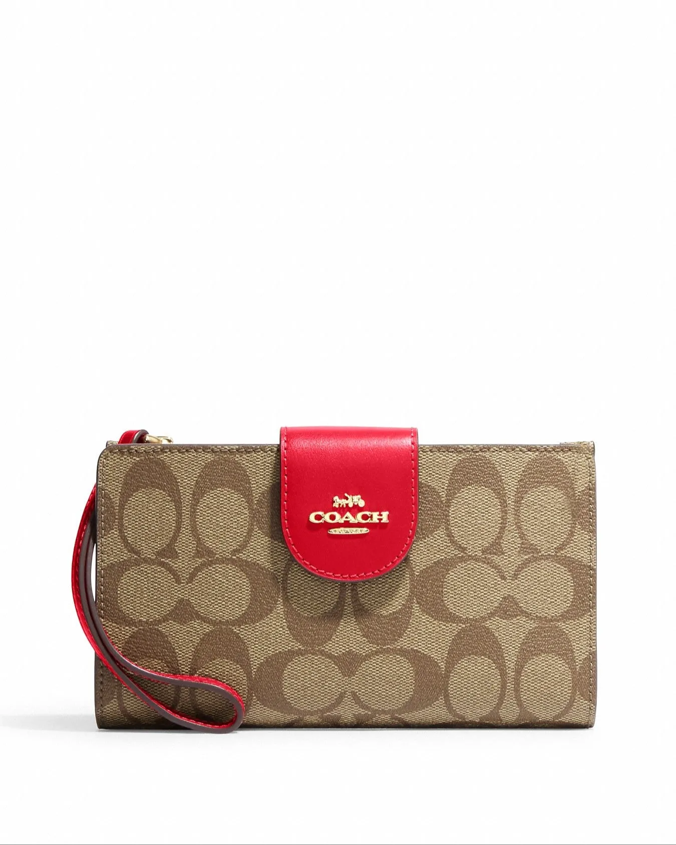 Coach Women's Khaki & Electric Red Tech Wallet In Colorblock Signature Canvas