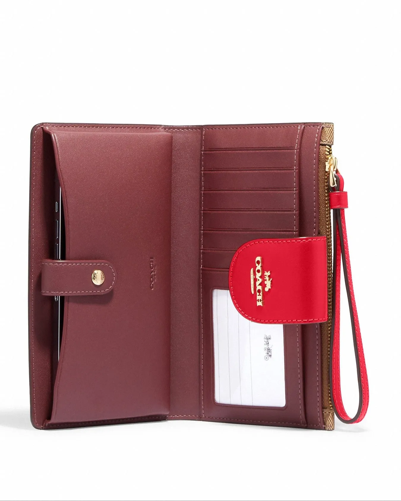 Coach Women's Khaki & Electric Red Tech Wallet In Colorblock Signature Canvas