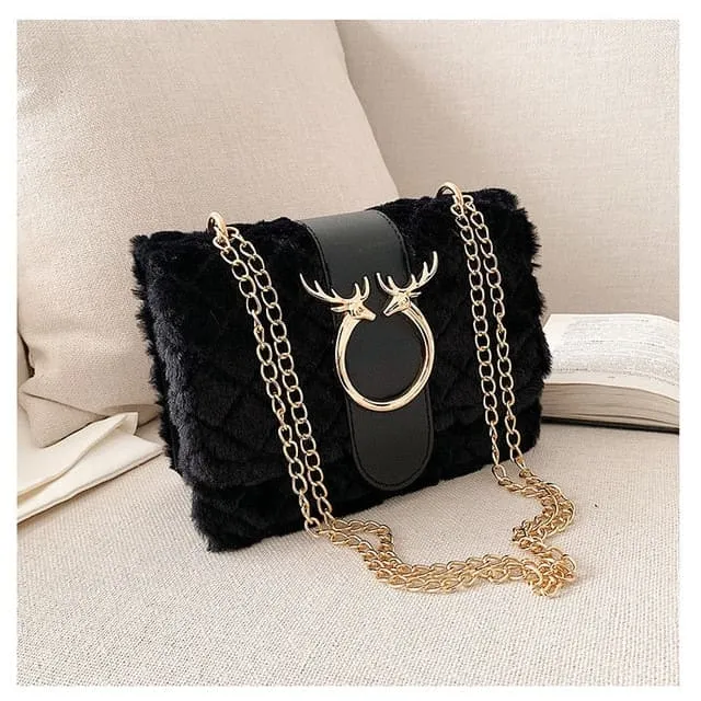 Deer Lock Chain Winter Soft Plush Fur Designer Handbag