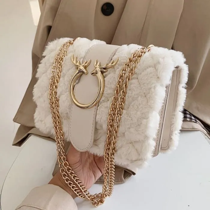 Deer Lock Chain Winter Soft Plush Fur Designer Handbag