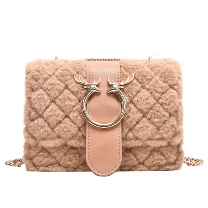 Deer Lock Chain Winter Soft Plush Fur Designer Handbag