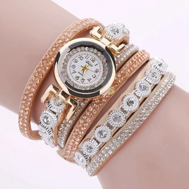 Duoya Brand Women Bracelet Luxury Wrist Watch For Women Watch 2016 Crystal Round Dial Dress Gold Ladies Leather Clock Watch