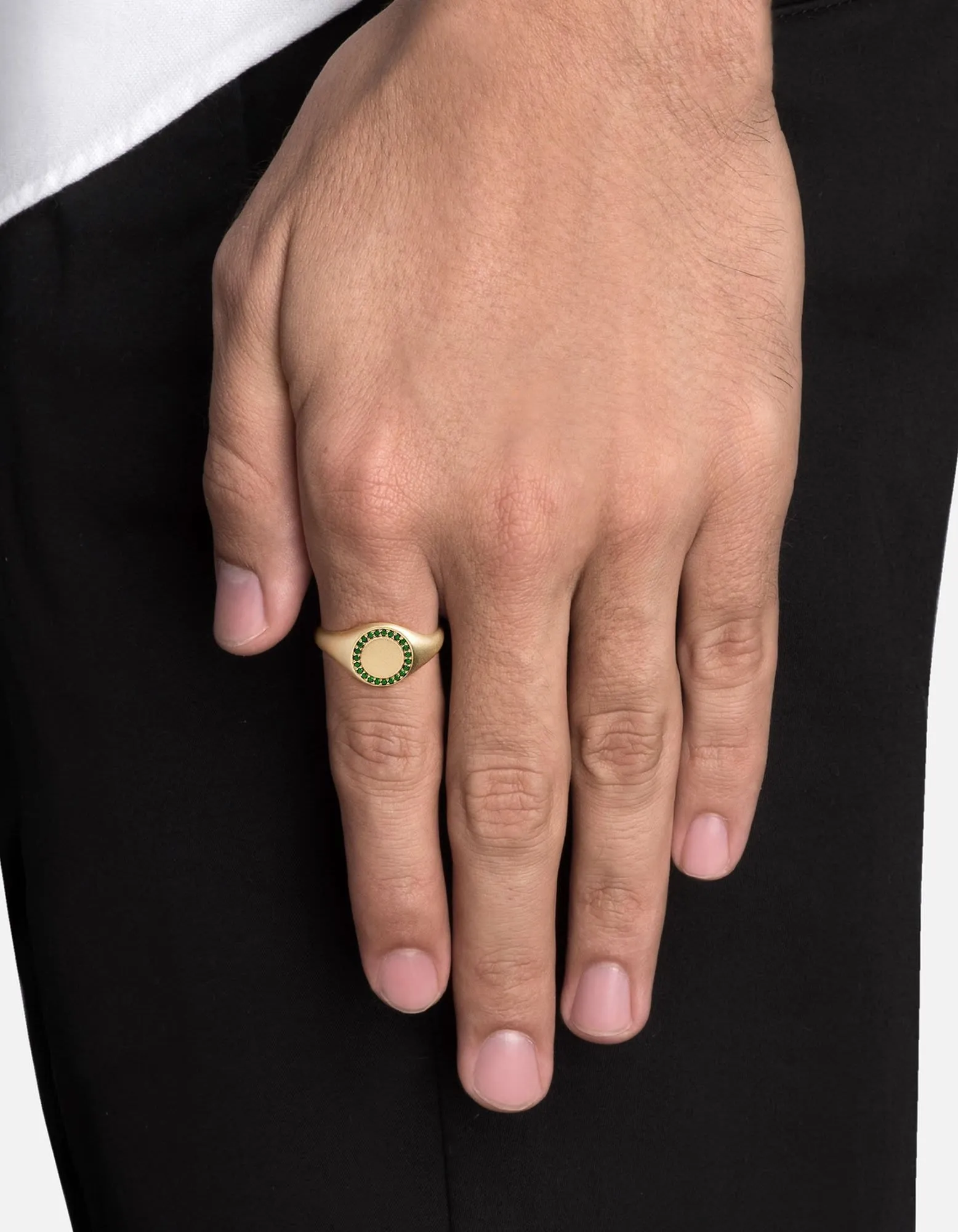 Halo Signet Ring, 14k Matte Gold/Emeralds