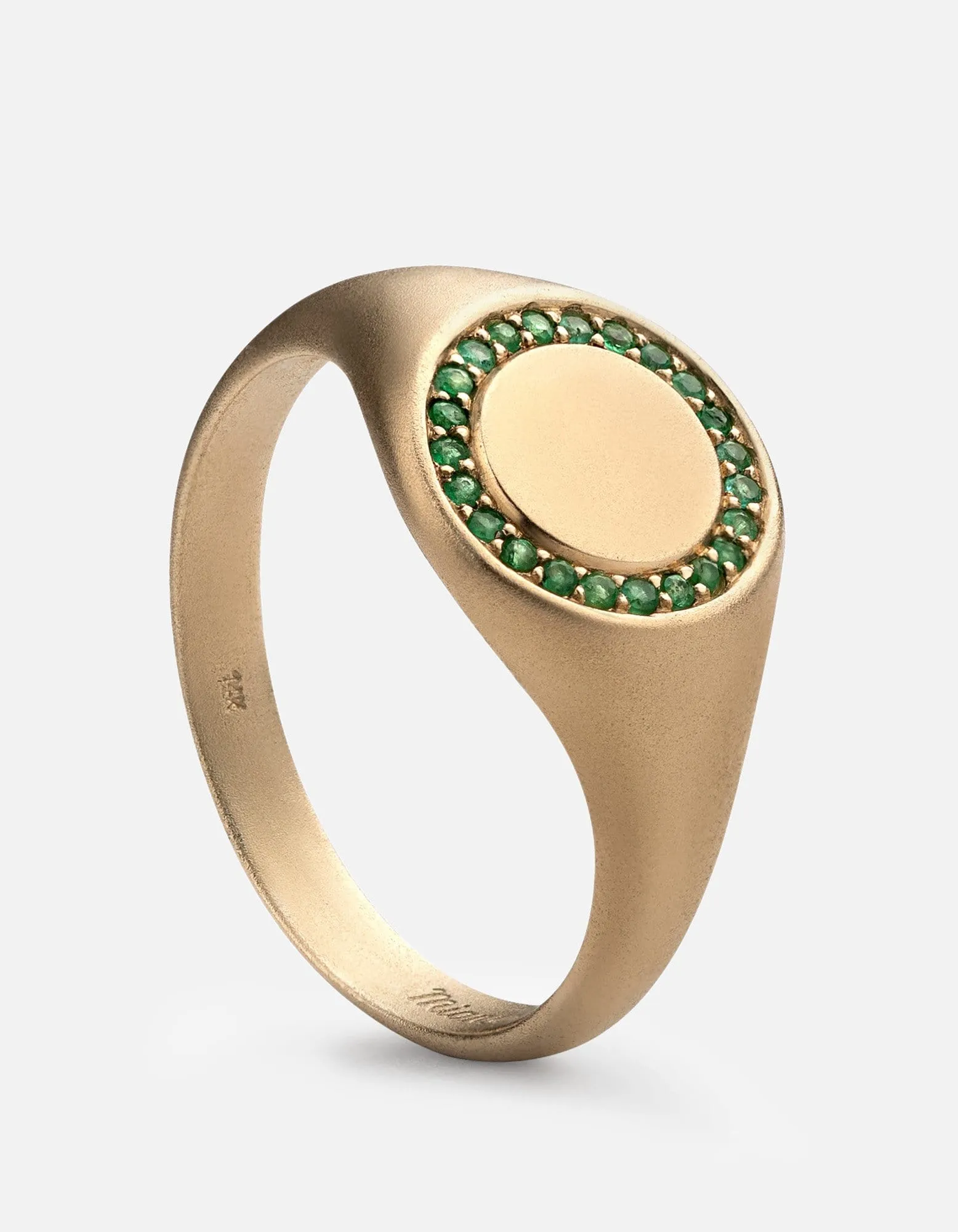 Halo Signet Ring, 14k Matte Gold/Emeralds