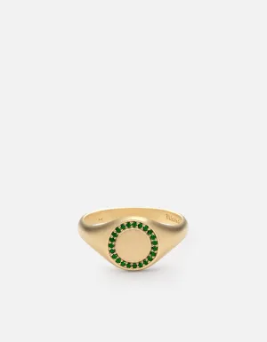 Halo Signet Ring, 14k Matte Gold/Emeralds