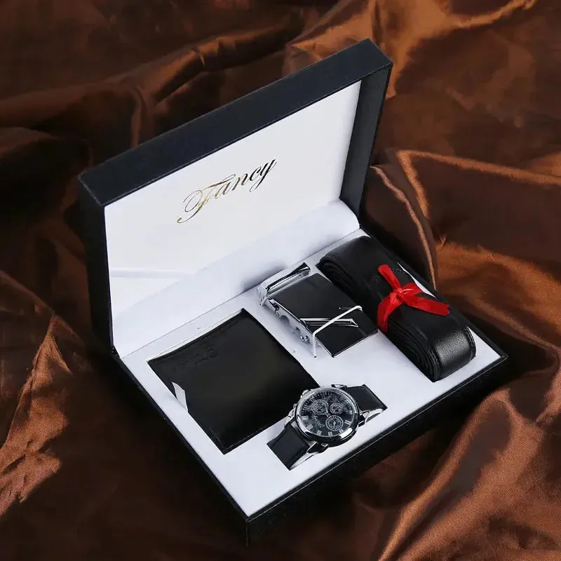 Men's Watch Gift Set With Box Leather Belt Men Wallets Watch Luxury Quartz