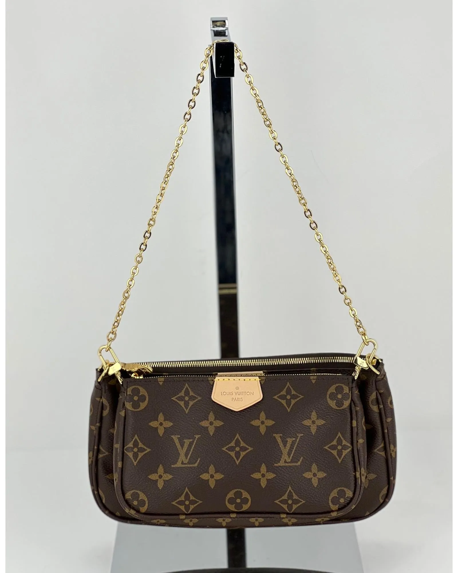 Monogram Canvas Multi-Pochette Bag with Golden Chain and Zipper Closure