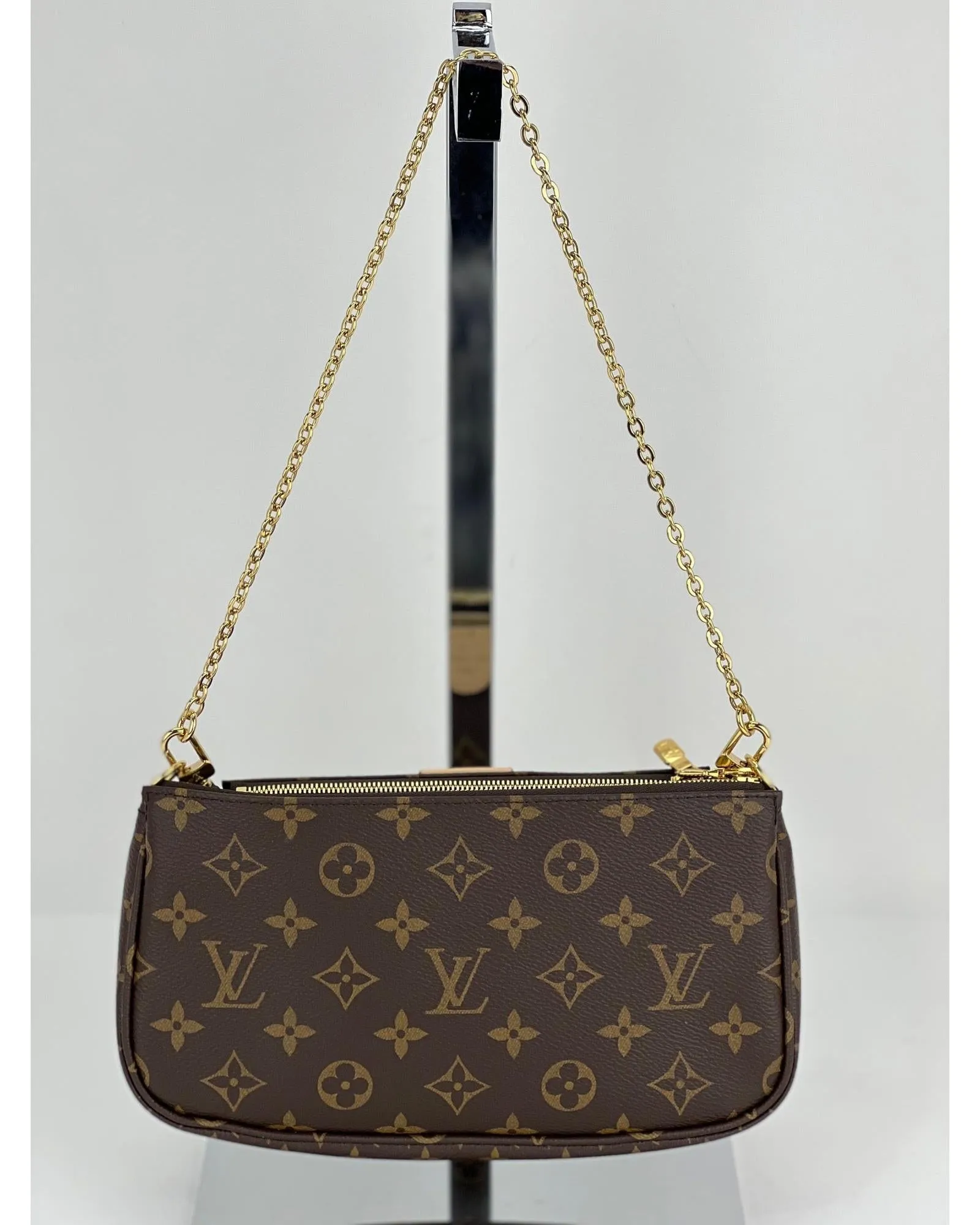 Monogram Canvas Multi-Pochette Bag with Golden Chain and Zipper Closure