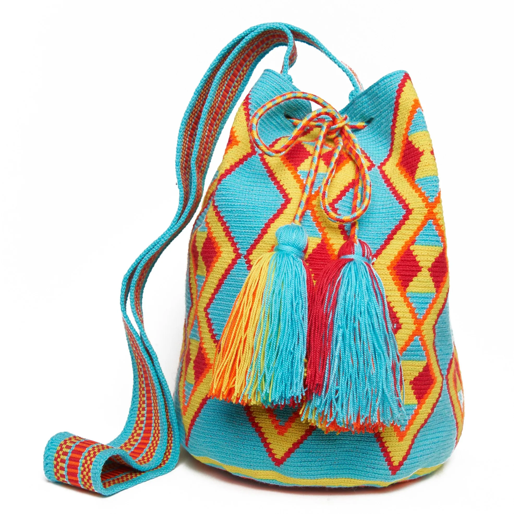 Neon Blue and Yellow Diamond Cotton Cartagena Mochila Tassel Bag