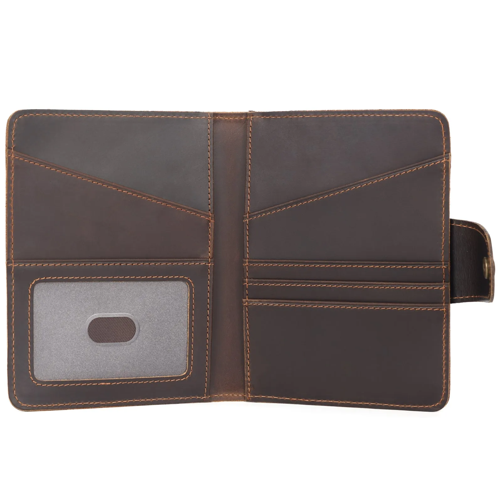 Polare Full Grain Leather Slim and Soft RFID Blocking wallet Snap Travel Passport Holders 2 Passports with AirTag Slot (Dark Brown/Black)