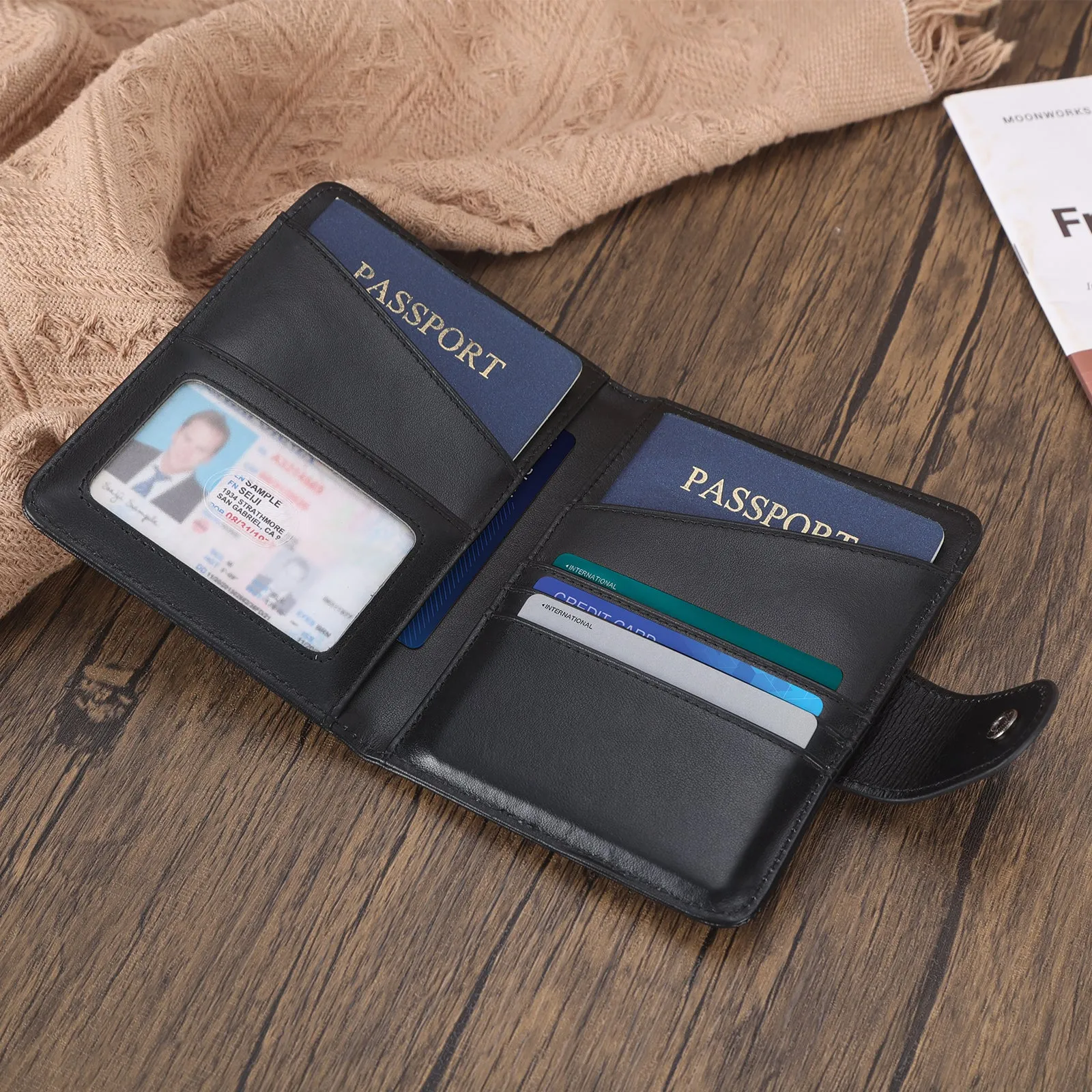 Polare Full Grain Leather Slim and Soft RFID Blocking wallet Snap Travel Passport Holders 2 Passports with AirTag Slot (Dark Brown/Black)