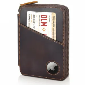 Polare Full Grain Leather Travel Passport Wallet RFID Blocking Passport Holder Soft Bifold Cover Case with YKK Zipper (Dark Brown with AirTag Slot)