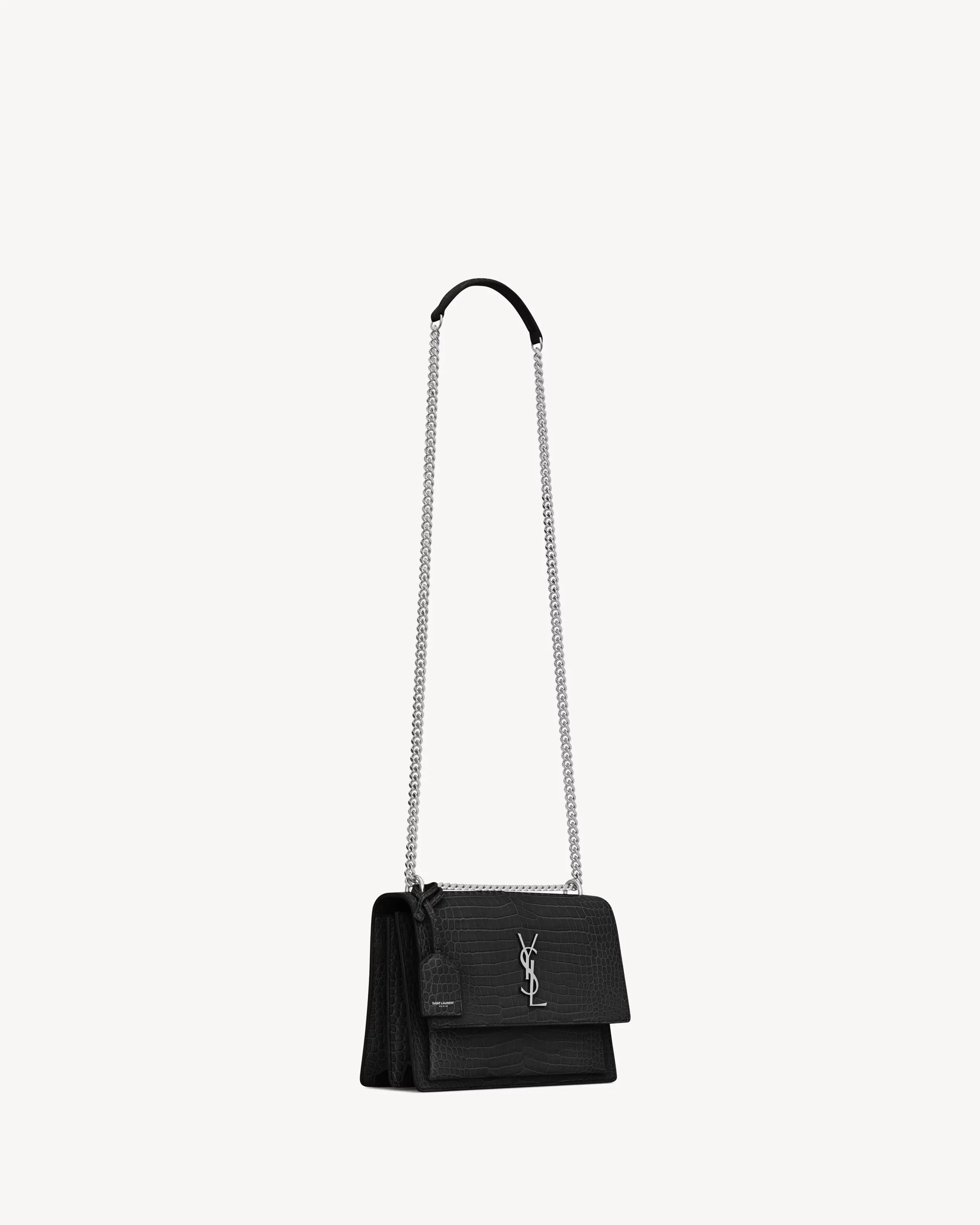 Saint Laurent Sunset Medium Bag In Crocodile-Embossed Leather - Silver