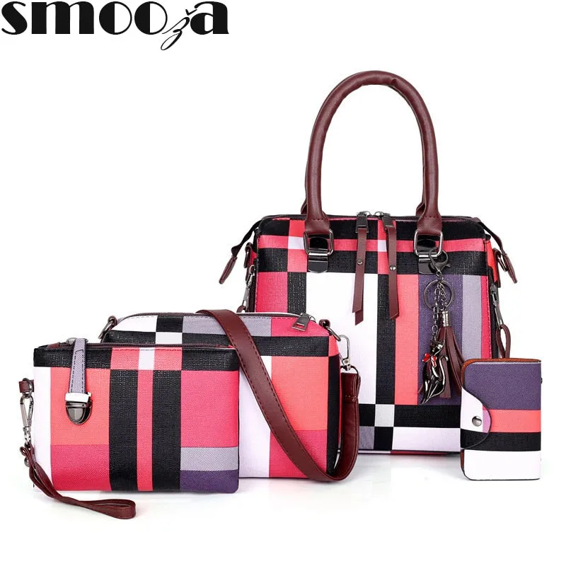 SMOOZA  Luxury Designer Plaid Women's Handbag Set (4pc) with Adorable Decoration