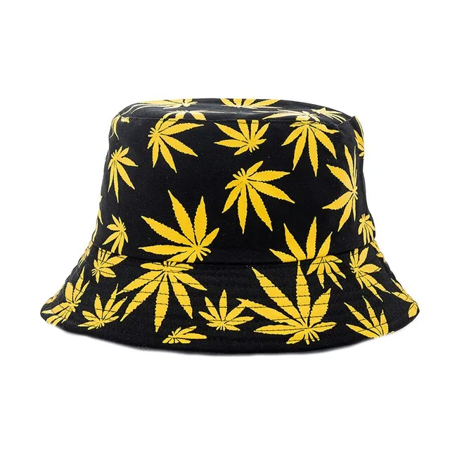 Summer Bucket Hats Reversible Leaves Printing Women Cap Outdoor Hat