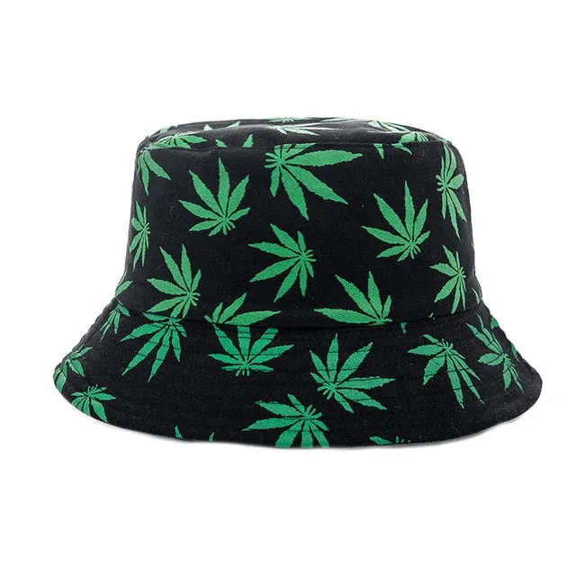 Summer Bucket Hats Reversible Leaves Printing Women Cap Outdoor Hat