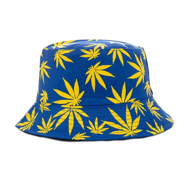 Summer Bucket Hats Reversible Leaves Printing Women Cap Outdoor Hat