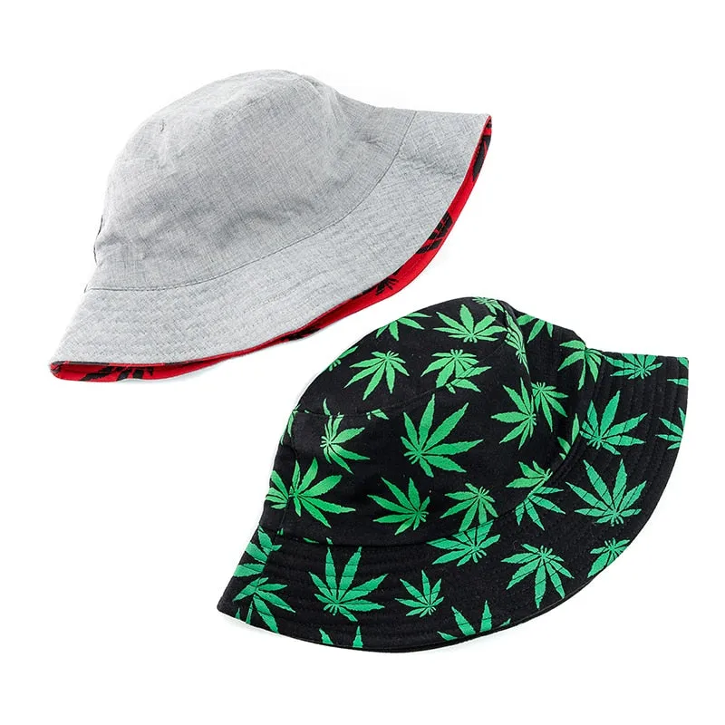 Summer Bucket Hats Reversible Leaves Printing Women Cap Outdoor Hat