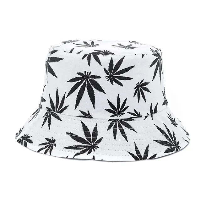 Summer Bucket Hats Reversible Leaves Printing Women Cap Outdoor Hat