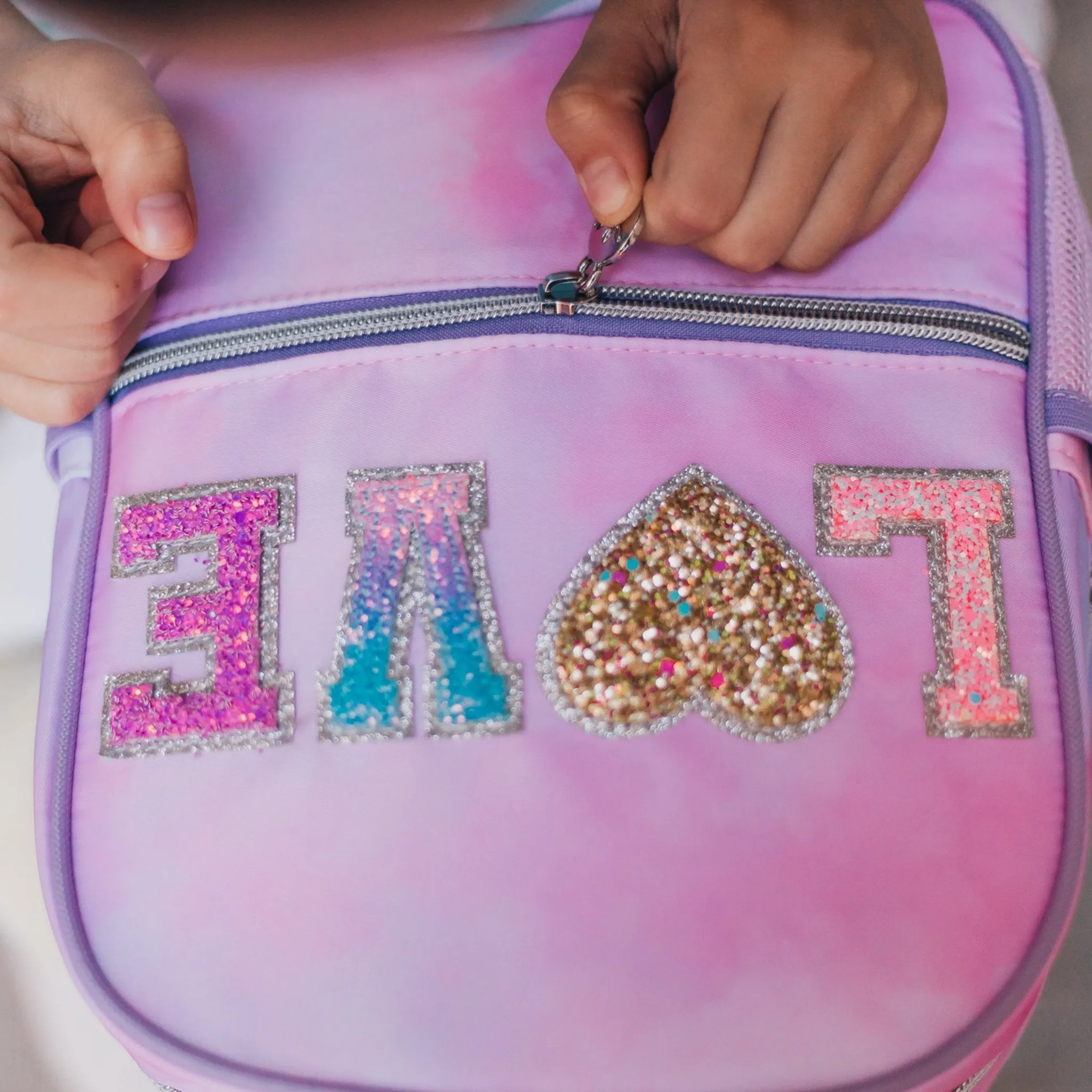 Tie Dye Backpack with Glitter Varsity Patch Letters - Mini