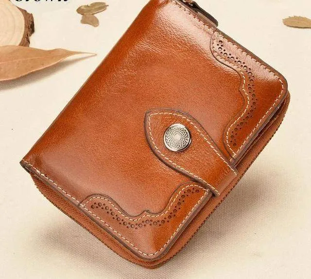 Vintage Genuine Real Leather Women Short Wallets Small Wallet Coin Pocket Card Holder Female Purses Money Bag