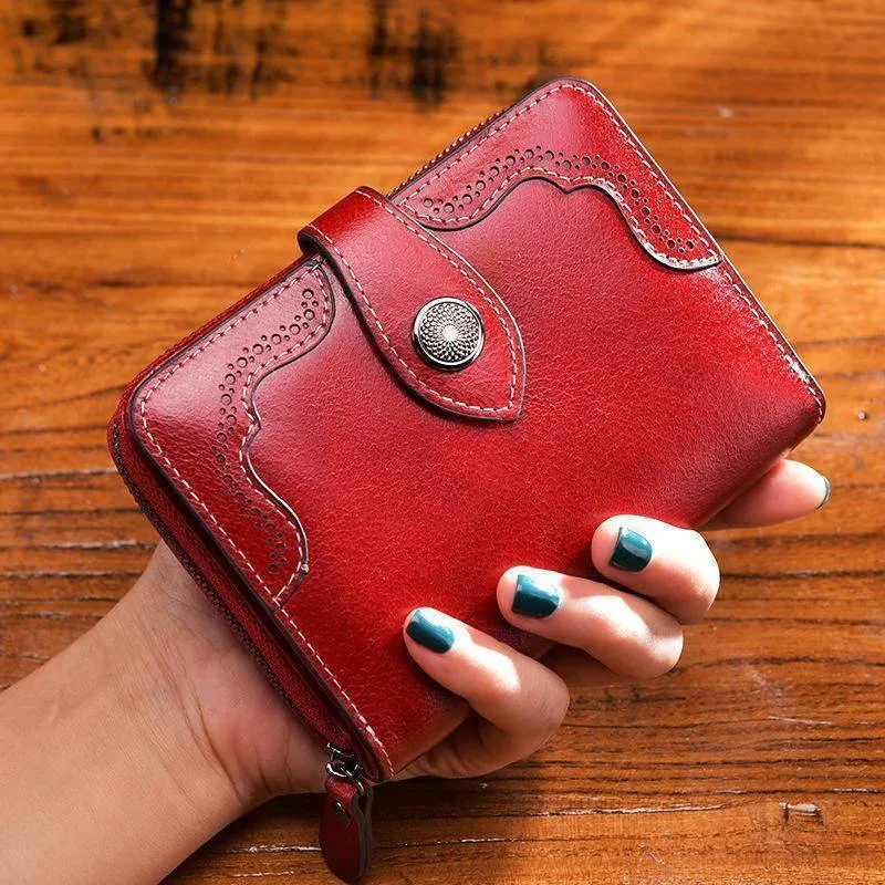 Vintage Genuine Real Leather Women Short Wallets Small Wallet Coin Pocket Card Holder Female Purses Money Bag