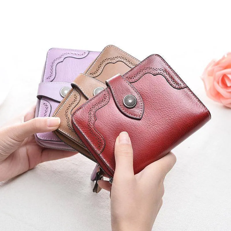 Vintage Genuine Real Leather Women Short Wallets Small Wallet Coin Pocket Card Holder Female Purses Money Bag