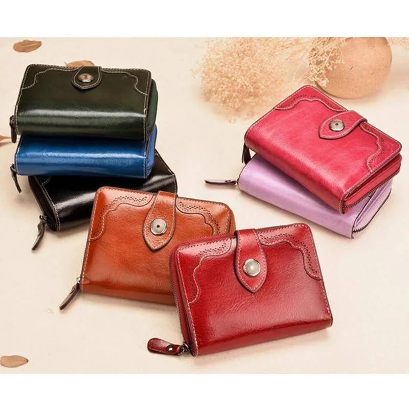 Vintage Genuine Real Leather Women Short Wallets Small Wallet Coin Pocket Card Holder Female Purses Money Bag