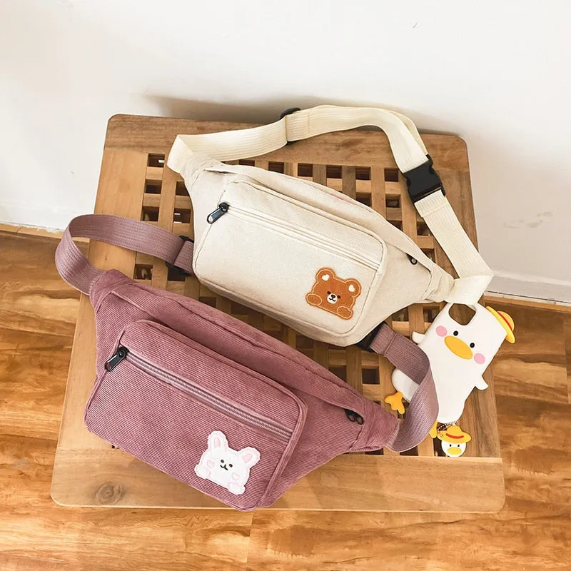 Wenkouban  Japanese Kawaii Bag Women Corduroy Chest Bag For Women Cartoon Bear Waist Bag Large Capacity Crossbody Bags Purses Phone Bag