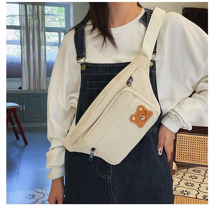 Wenkouban  Japanese Kawaii Bag Women Corduroy Chest Bag For Women Cartoon Bear Waist Bag Large Capacity Crossbody Bags Purses Phone Bag