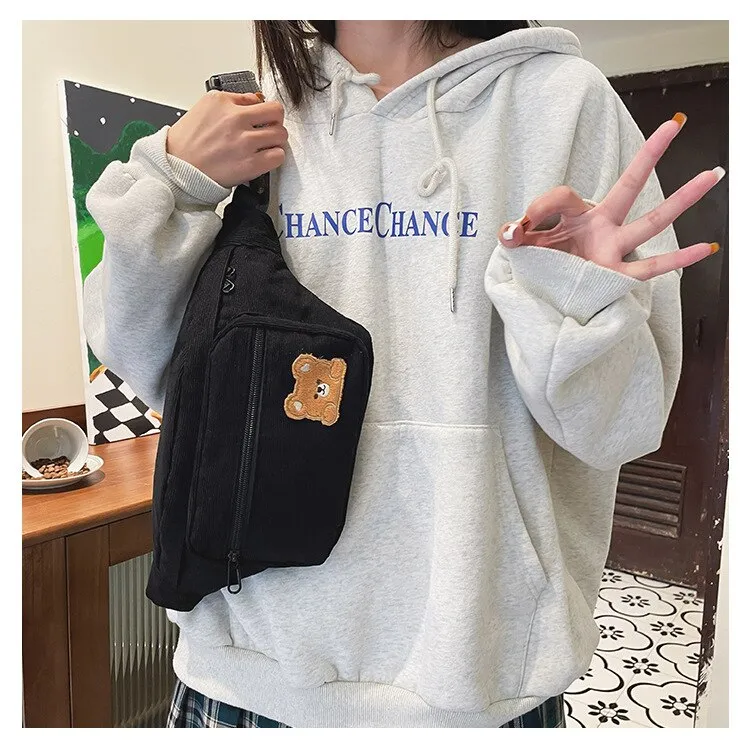 Wenkouban  Japanese Kawaii Bag Women Corduroy Chest Bag For Women Cartoon Bear Waist Bag Large Capacity Crossbody Bags Purses Phone Bag