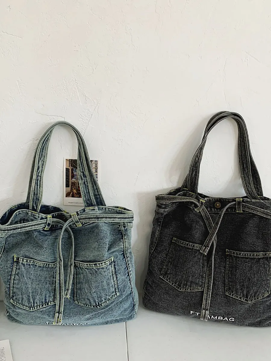 Women Vintage Solid Pocket Denim Handbag Shoulder Bag